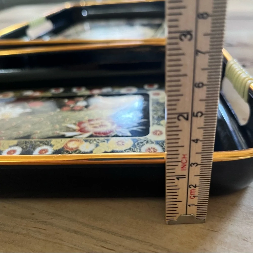 Vintage Japan lacquerware black gold peacock floral serving trays, set of two